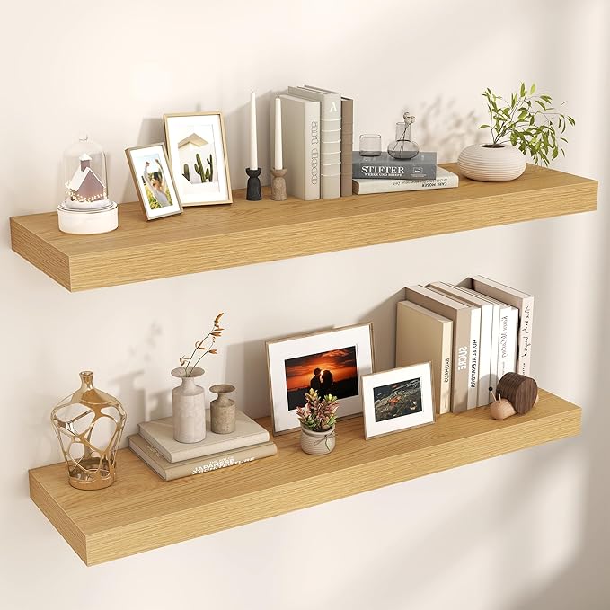 Floating Shelves for Wall, 48" W x 12" D x 2" H, 2 Pack of Long Wall Mounted Engineered Wood Shelves with Invisible Brackets 