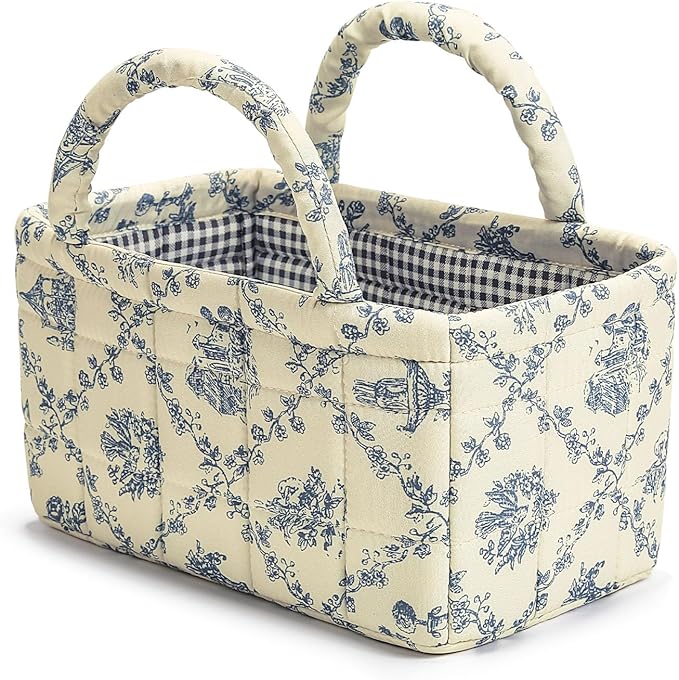 Small Storage Basket Organizer, Mini Fabric Floral Storage Baskets with Handle, Quilted Portable Collapsible Storage (Vine-Bl