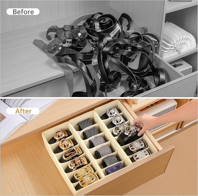 3 Packs Fabric Belt Organizer, 6 Grids Belt Organizer for Closet and Drawer, Foldable Dresser Drawer Organizers, Tie Storage 