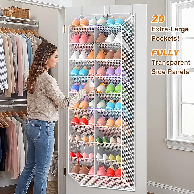 30 Pairs Over the Door Shoe Organizer, Breathable Mesh Pocket Hanging Shoe Storage for Closet, 10-Tier Door Shoes Rack, Handi