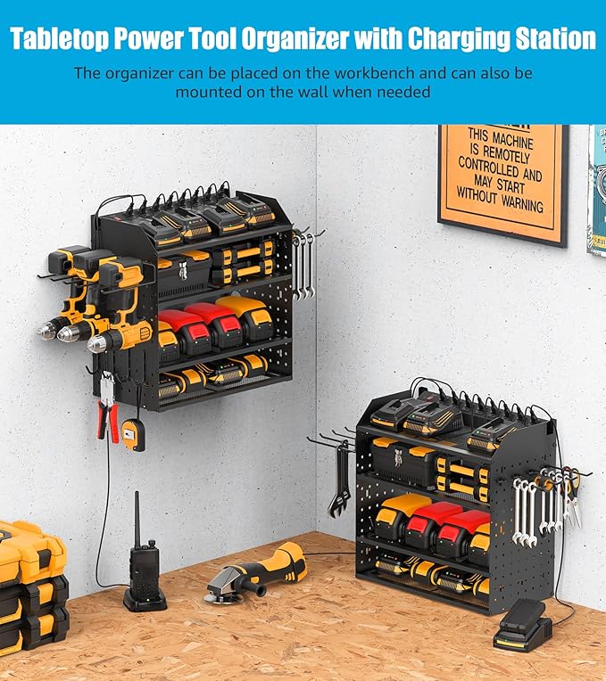 CCCEI Modular Desk Power Tools Organizer with Charging Station, 4 Layer Drills Battery Storage Wall Mount, Garage Shop Organi