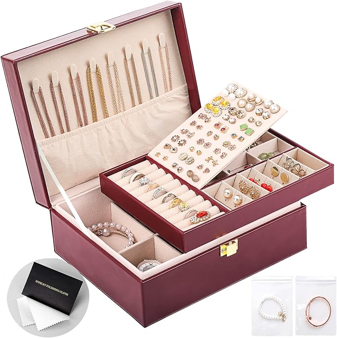 Jewelry Boxes for Women Girls PU Leather Jewelry Organizer Box 2 Layer Large Jewelry Storage Case Removable Tray for Necklace