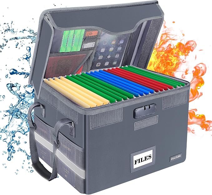 DocSafe Fireproof Document Box with Lock,File Storage Organizer with Zipper Pockets,Collapsible Portable File Box Home Office