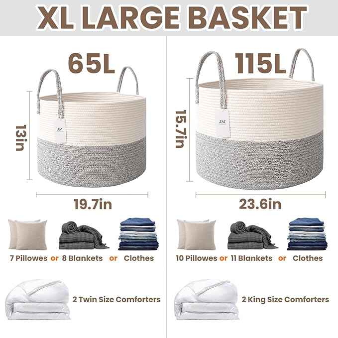 JMvicyroam 115L Extra Large Blanket Basket for Living Room - Woven Cotton Rope Laundry Hamper with Reinforced Handles - Stora