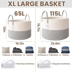 JMvicyroam 65L Extra Large Blanket Basket for Living Room - Woven Cotton Rope Laundry Hamper with Reinforced Handles - Storag