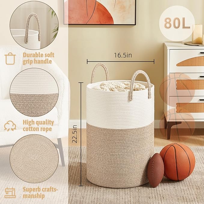 Artfeel Laundry Basket,Woven Cotton Rope Laundry Hamper,80L for Decorative Storage of Dirty Clothes,Toys and Blankets in Bath