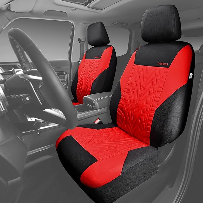 CAR PASS Car Seat Covers Two Front Only for Car, 3D Tyre Print Automotive Interior Covers, Airbag Compatible, Quick Setup Uni