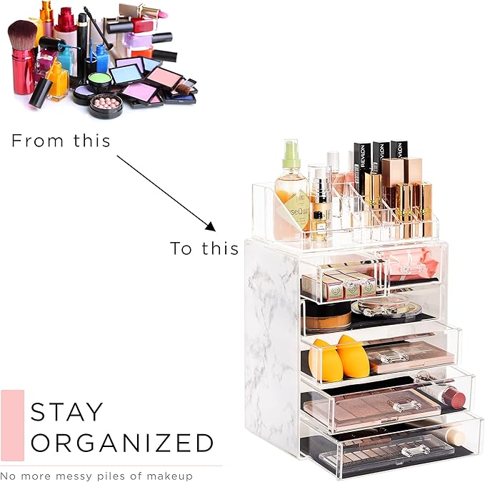 Sorbus Acrylic Makeup Organizer Set, 6-Drawer Vanity & Countertop Cosmetic Storage with Small & Wide Compartments, Marble Pri