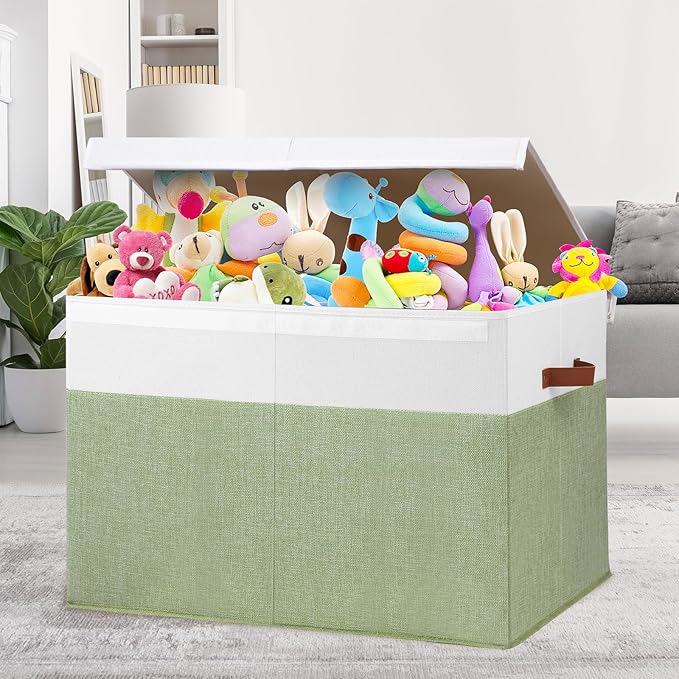 Gowee Large Toy Storage Box with Lid, Sturdy Toys Storage Chest Bin Organizer Basket with Dividers for Kids, Boys, Girls, Nur