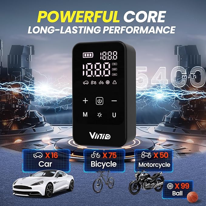 Vinid Cordless Air Compressor, 75W Portable Tire Inflator with Digital Pressure Gauge, Auto Shut Off, Fast Inflation for Car Tires, Bike, Motorcycle, Balls & Inflatables, Rechargeable Battery Powered
