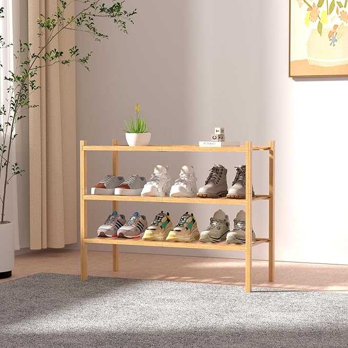 ROMGUAR CRAFT 3 Tier Bamboo Shoe Rack for Closet Free Standing Wood Shoe Shelf Storage Organizer for Entryway Small Space Sta