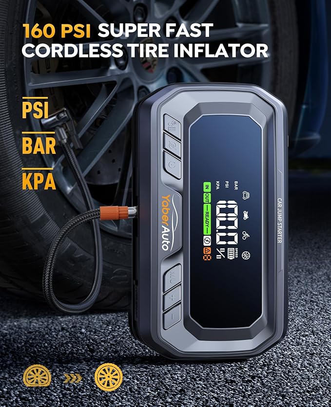 YaberAuto 12-in-1 Jump Starter with Air Compressor 8000A 160PSI 65W Charging, Portable Car Battery Jump Starter (All Gas/14L