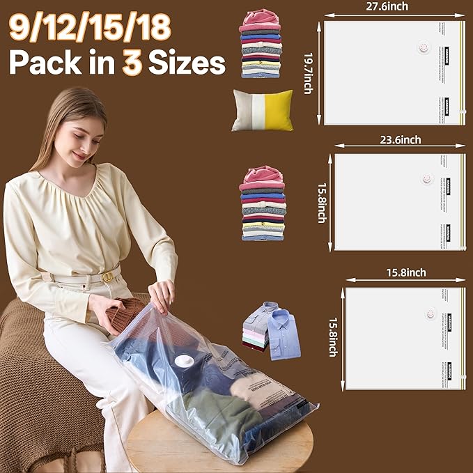 Vacuum Storage Bag with Rechargeable Cordless Pump, 12 Pack Vacuum Seal Space Saver Bags for Clothing Clothes Travel Home
