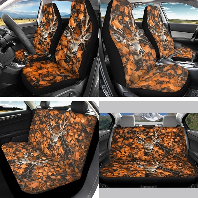 Deer 13 Pcs Auto Seat Cover Sets Steering Wheel Cover Seatbelt Pad Camo Hunting Forest Armrest Cover Pad Cup Holders Keychain Chapstick Holder for SUV Van Sedan Truck