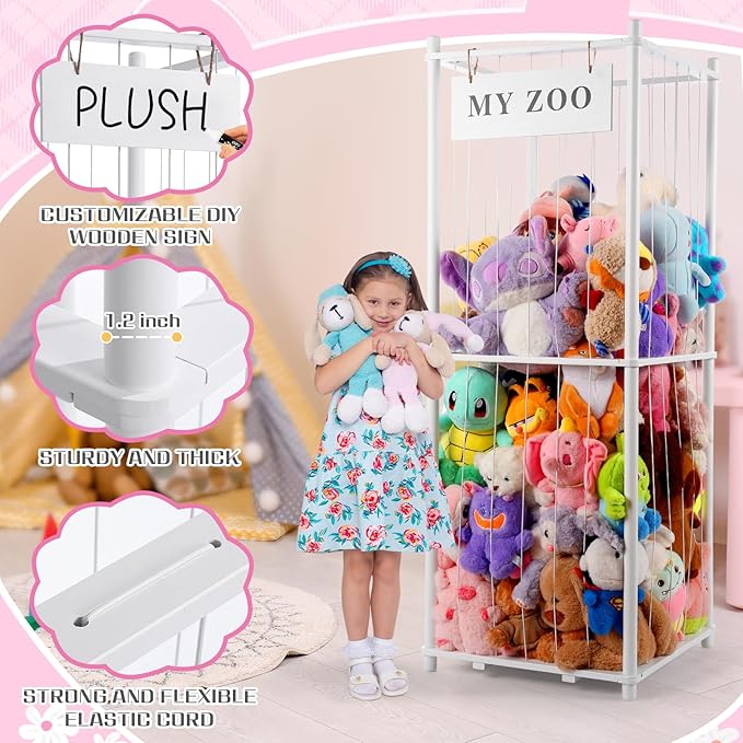 GLDZI Stuffed Animal Storage Zoo, Wooden Stuffed Animal Organizer with Elastic Cords for Boys Girls, Space Saving Toy Plushie