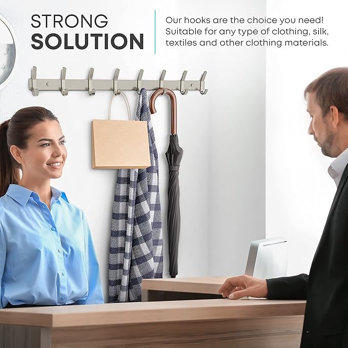 Coat Rack Wall Mount – Brushed Nickel 24 Inch Stainless Steel Hook Rail with 8 Heavy Duty Double Coat Hooks – Wall Mounted Co