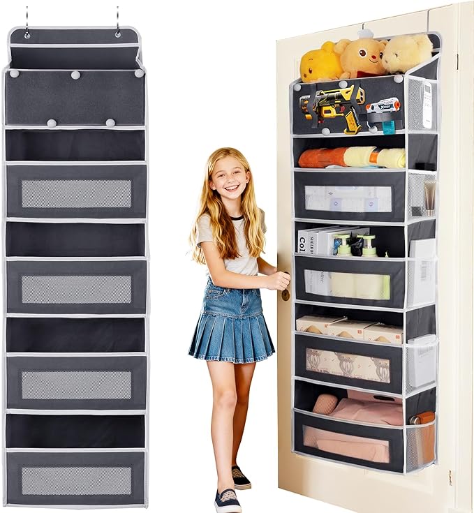 5-Tier Over the Door Storage Organizer with 5 Side Mesh Pockets, 40lbs Load Capacity with 2 Hooks, Behind Door Hanging Organi