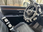 Daisy Crochet Steering Wheel Cover,Cute Seat Belt Cover,Women car Accessories (Black Wheel Cover+2 Belt Cover)