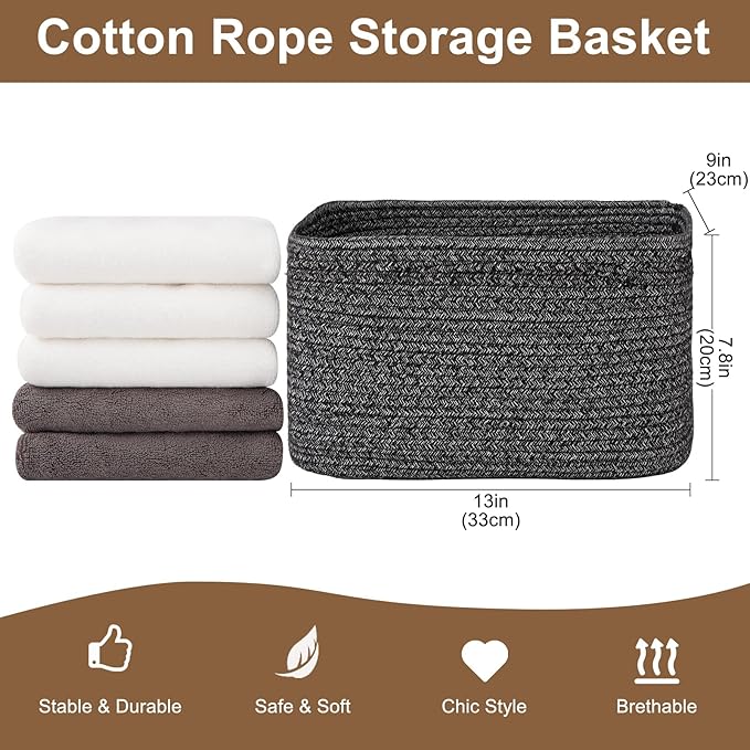 OIASKET Storage Baskets for Organizing, Woven Decorative Baskets for Shelves - Books, Towels, and Clothes, Cotton Rope Toy St