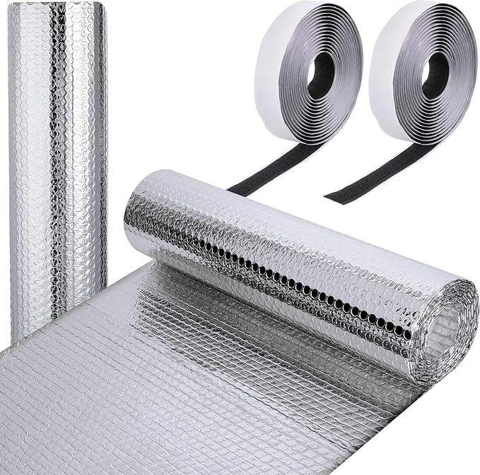 Frienda Rv Window Reflective Insulation Roll 39.4inch*6.6ft Double Aluminum Foil Heat Bubble Thermal Window Shade Door Cover Blackout for Garage Roof Travel Camper Skylight Shield