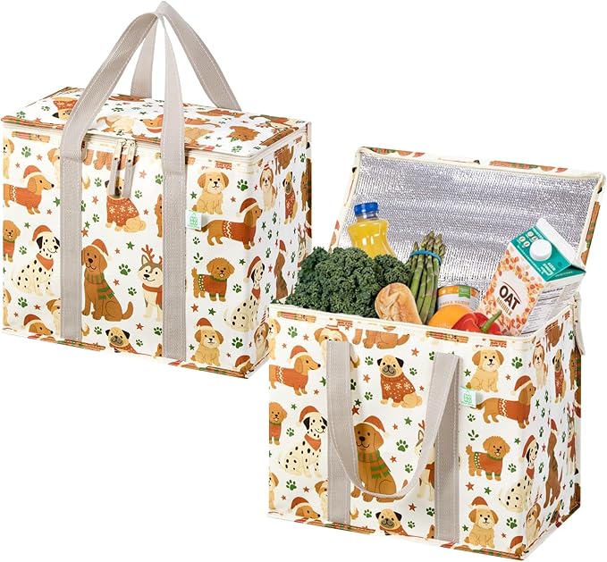 VENO 2 Pack Cooler Bag, Insulated Grocery Bags for Food Delivery, Collapsible Cooler, Reusable Shopping Bags for Groceries, Hard Bottom, Water Resistant, Zippered, Foldable (Holiday Pups, 2 Pack)