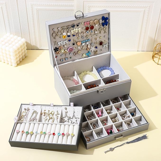 BOOVO Earring Jewelry Box For Women Girl Stud Organizer, 5 Layers Girl Jewelry Organizer Box With Lock Earring Holder Organiz