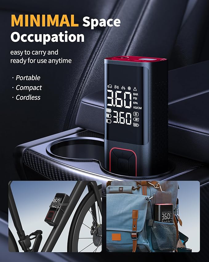 Cordless Tire Inflator 150PSI Portable Air Compressor with Auto Shutoff, Air Pump for Car Tires, Motorcycle, Bike, Balls, Inflatables, LED Light, Red, Standard Capacity