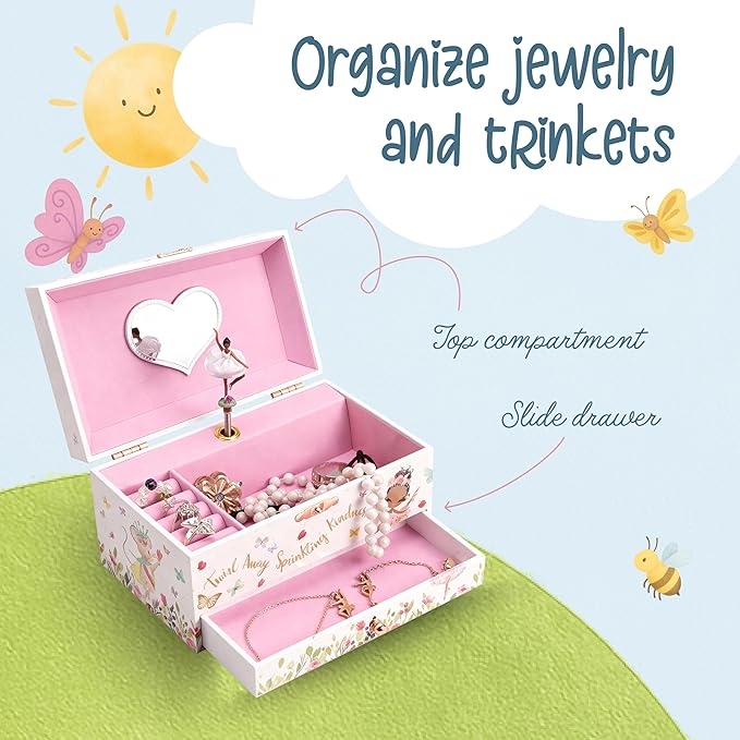 The Memory Building Co Black Ballerina Musical Jewelry Box Plays Classic Melody, Storage Organizer Music Box for Kids Ages 6-
