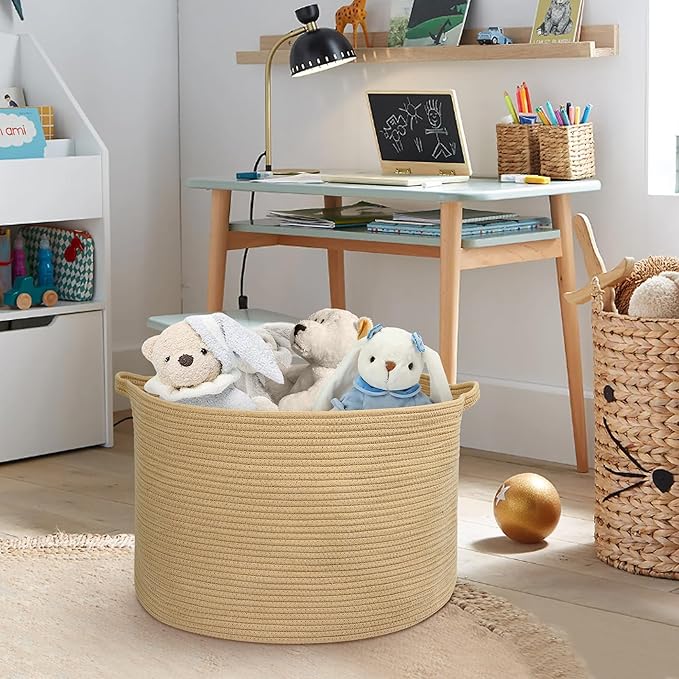 MEGASKET Extra Large Storage Basket, 22" X 22" X 14" Stuffed Animal Basket for Living Room Kids Room, Soft Cotton Rope Bin Wi