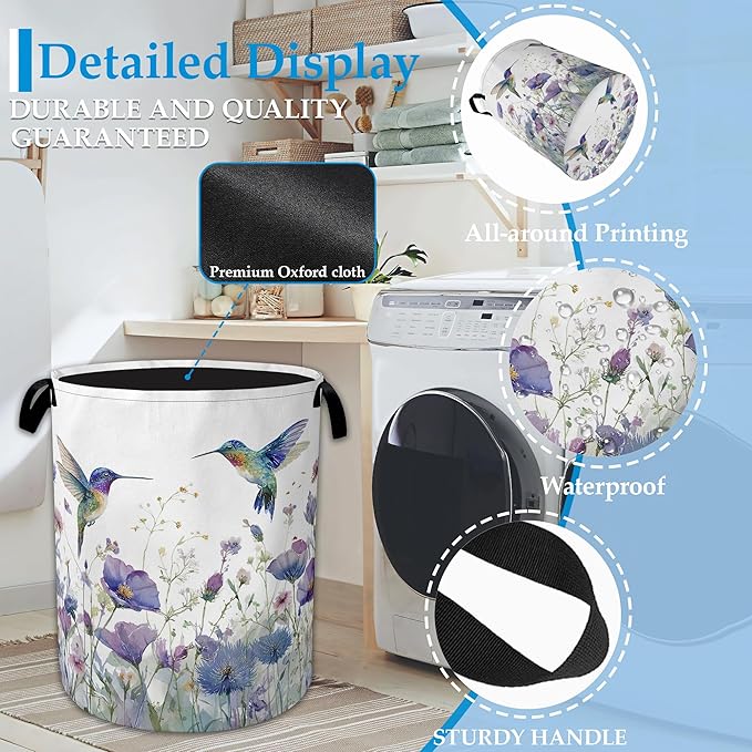 Hummingbird Flowers Laundry Basket Collapsible Laundry Hamper Clothes Toy Storage Bin for Bathroom Bedroom Room Decor 16" X 2