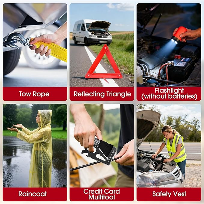 Roadside Car Emergency Kit, Winter Car Safety Kit with 10FT Jumper Cables, Tow Strap, Tool Kit, Reflective Warning Triangle, 