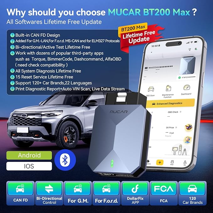 MUCAR AI-Assisted OBD2 Scanner Bluetooth Lifetime Update, BT200 MAX Compatible with ELM327, All System OBD2 Diagnostic Tool
