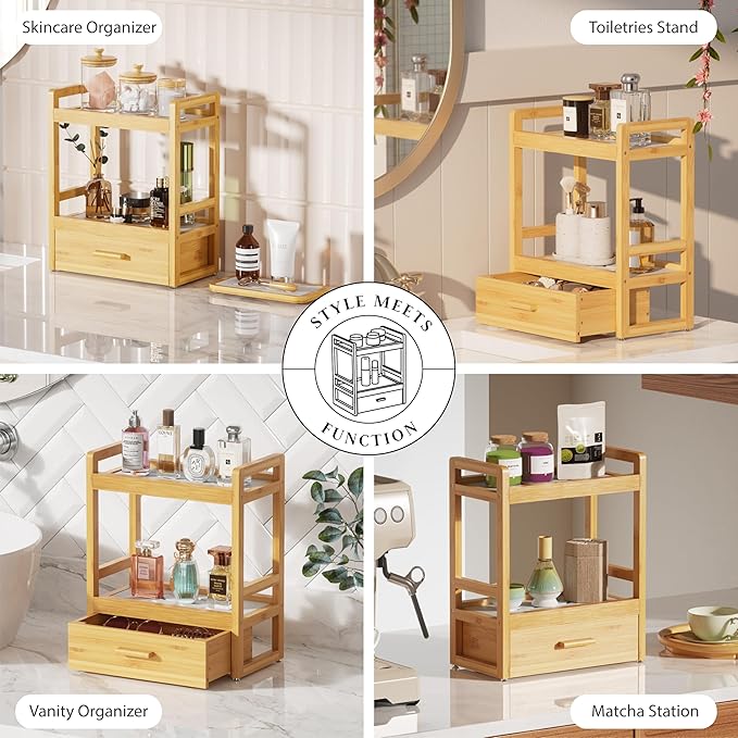 Bamboo Bathroom Countertop Organizer, 2 Tier Vanity Organizer with Drawer for Skincare & Makeup, Countertop Storage with Ston