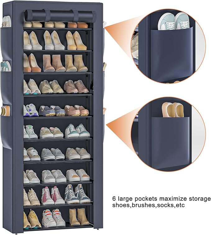 OYREL Shoes Rack 10 Tier Tall Shoe Rack with Storage Pockets, Fabric Covered Shoe Racks,Metal Shoes Rack Organizer for Closet