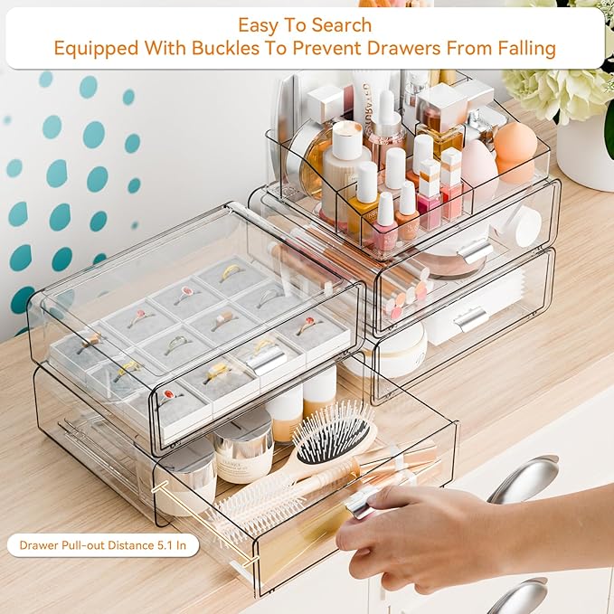 Yieach Clear Acrylic Makeup Organizers Countertop for Dresser,Desk,Bathroom Vanity,4 Tier Stackable Make up Holders and Makeu