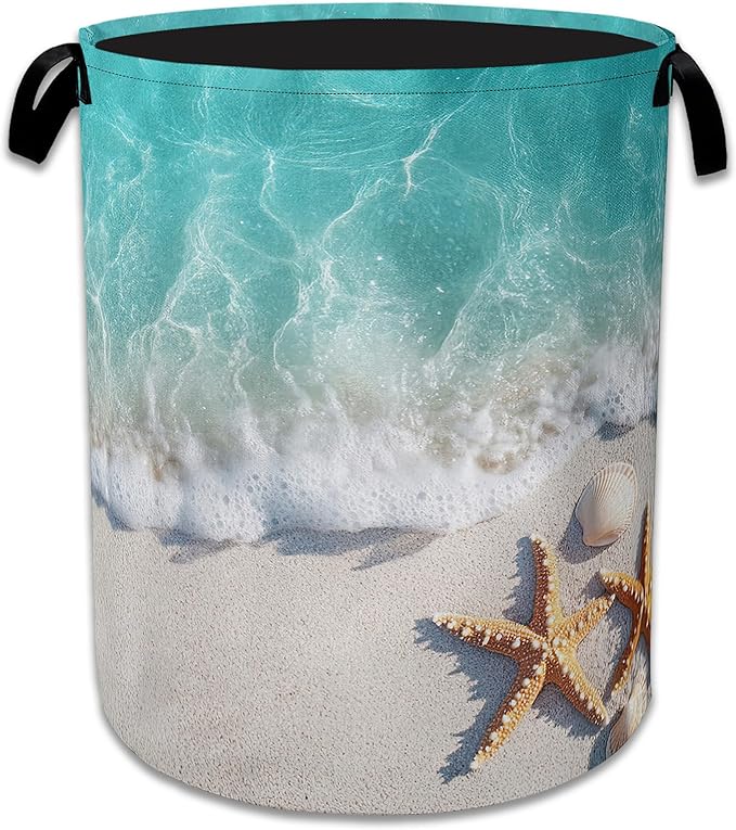 Sea Beach Starfish Laundry Basket Collapsible Laundry Hamper, Oxford Cloth Storage Bin for Room/Bathroom/Bedroom/Dormitories 