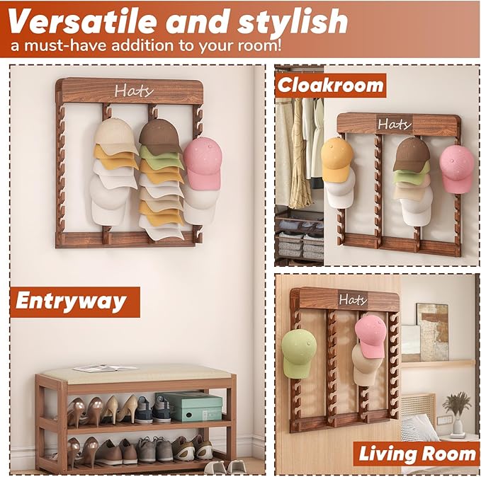 Wall-Mounted Cowboy Hat Rack- Rustic Burnt Pine Hat Organizer with 40-Slot Display, Farmhouse Hat Holder for Men & Women, Hat