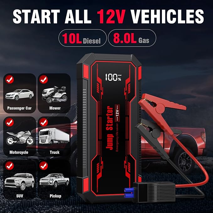 Car Jump Starter 6000A Car Battery Jump Starter Portable,12V Battery Jumper Starter Portable(10.0L Gas/8.0L Diesel),LCD