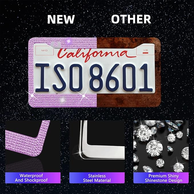25PCS Bling Car Car Accessories Set,15 Inch Steering Wheel Cover,Shiny License Plate Frame,Center Console Cover and Rearview Mirror Set and Other Car Accessories(Purple)