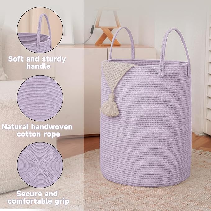 JMvicyroam Large Woven Laundry Basket Hamper,60L Cotton Rope Storage Bin for Blankets,Toys and Clothes,Decorative Tall Nurser
