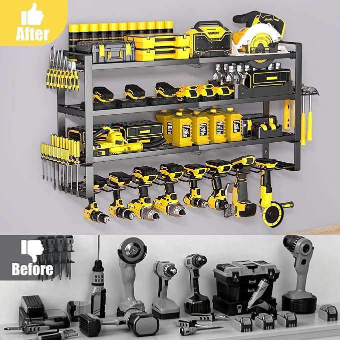 MOOMSINE Large Power Tool Organizer Wall Mount, 4-Tier Heavy Duty Metal Storage Rack Loads 400lbs, Battery Tools Hanger with 