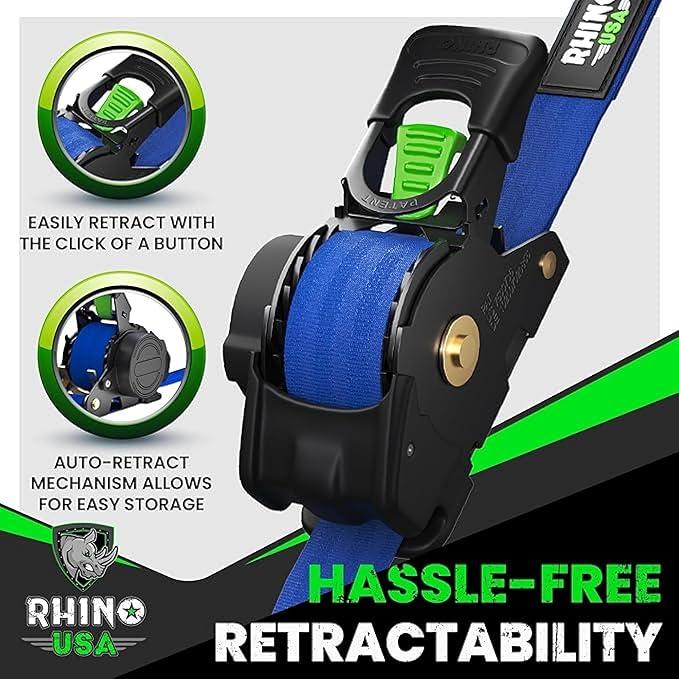 Rhino USA Retractable Ratchet Straps (2-Pack) - 1 Inch x 10 Feet (1,209lb Break Strength) - Auto Self Retracting Tie Down Straps for Truck, Cargo Trailer, Motorcycle, ATV, UTV - Blue