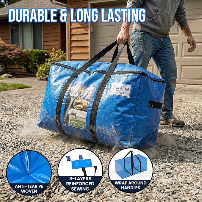 TAILI Extra Large Moving Bags, 10 Pack Blue Heavy Duty Totes for Storage with Visible Window, Wrap Around Handles, Storage Ba
