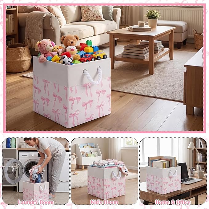 LemonRoad 6 Pcs Pink Bow Cube Storage Bins Square 11.22 Inch Storage Basket with Handle Preppy Girl Organizer Basket Collapsi