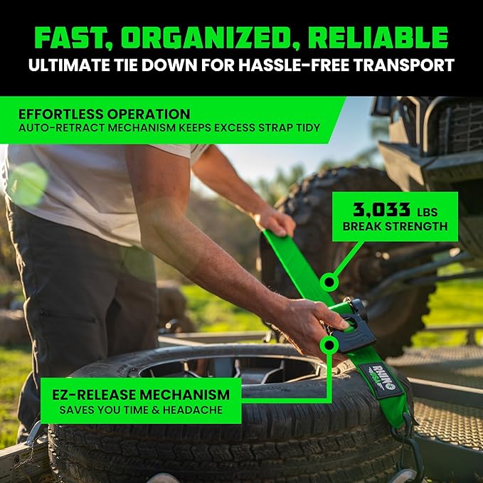 Rhino USA Retractable Ratchet Straps (4-Pack) - 2 Inch x 10 Feet (3,033lb Break Strength) - Heavy Duty Auto Self Retracting Tie Down Straps for Truck, Cargo Trailer, Motorcycle, Rad & More - Green
