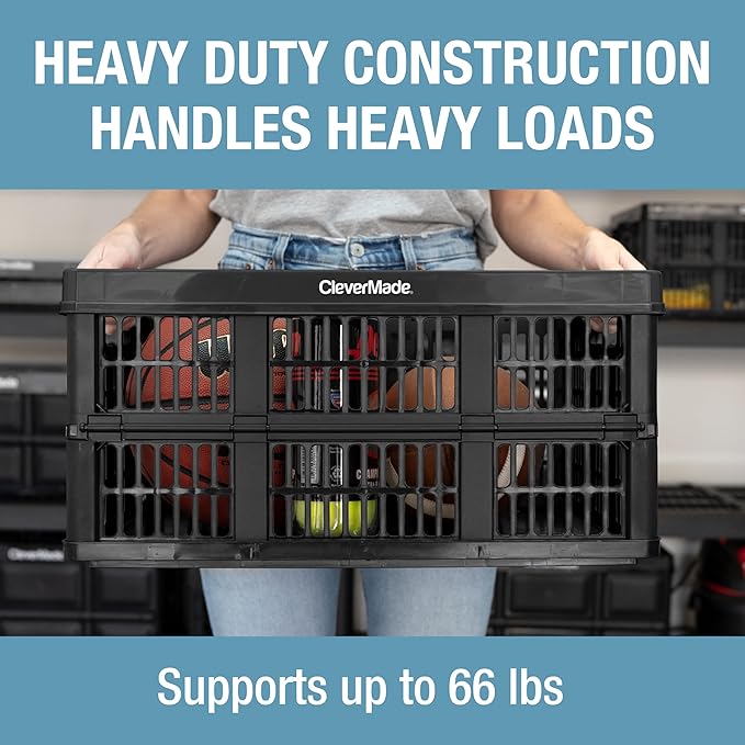CleverMade Collapsible Utility Crates 45L (3 Pack) – Foldable Plastic Crates with Heavy Duty 66 lb Capacity, Collapsible Crat