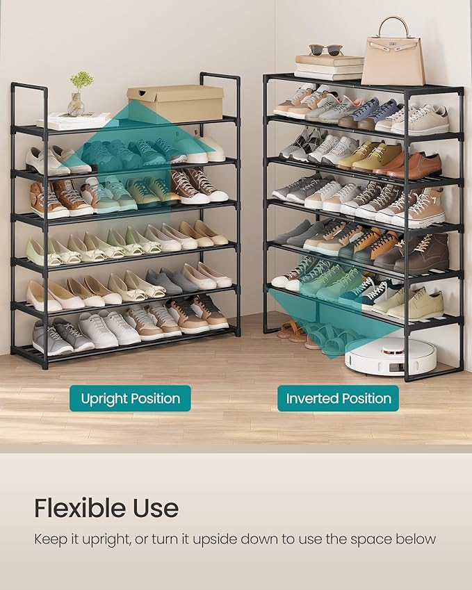 SONGMICS Shoe Rack, 6-Tier Shoe Organizer, Metal Storage Shelf, Upright or Upside Down, for 24-30 Pairs, Stackable, for Entry