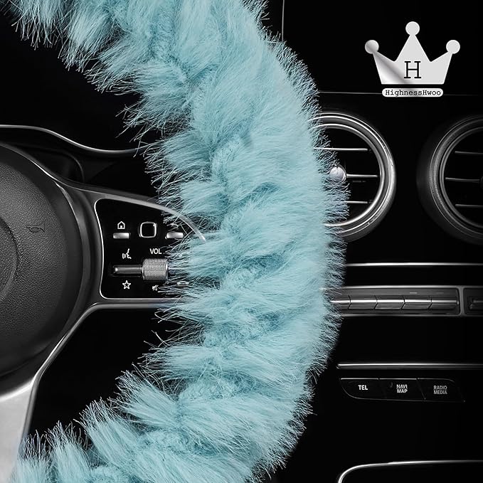 Fuzzy Winter Steering Wheel Covers for Women, Warm Cute Fluffy Car Wheel Cover for F150, Trucks, Jeep, Van, Soft Furry Auto Plush Large Car Handle Cover for Cold Weather, 15.2-16in, Green