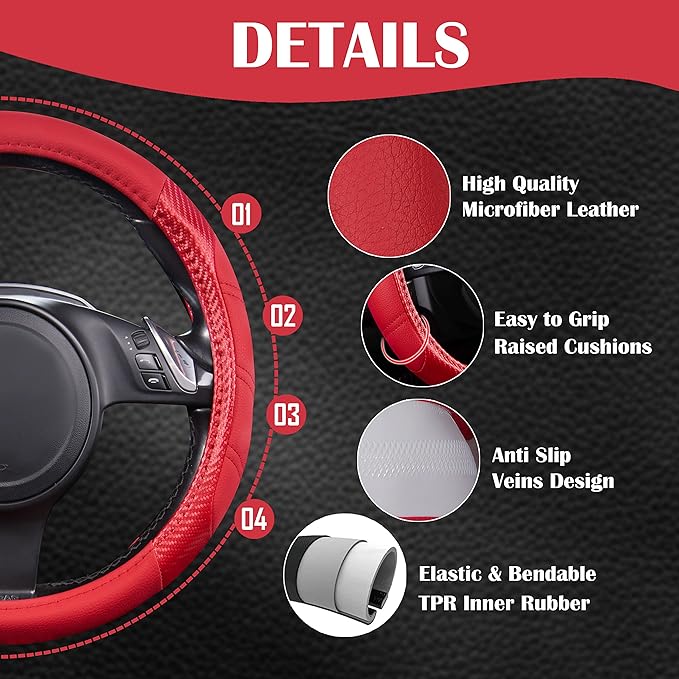 CAR PASS Line Rider Microfiber Leather Sporty Steering Wheel Cover 14.5-15 inch Universal Fits for 95% Truck,SUV,Cars, Anti-S