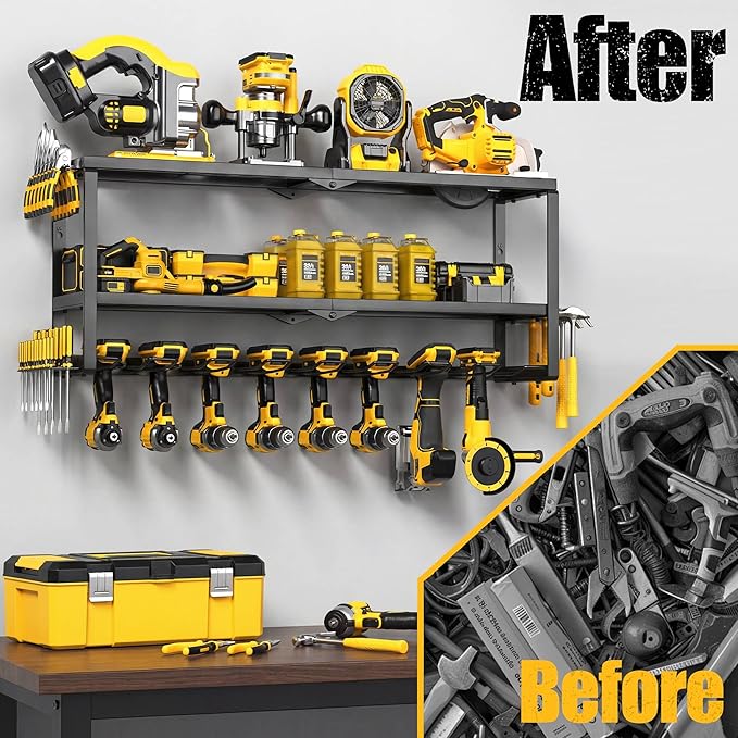 MOOMSINE Power Tool Organizer Wall Mount, Heavy Duty Metal Tool Storage Rack Loads 320lbs, 8 Cordless Drill Holder 3 Layer fo